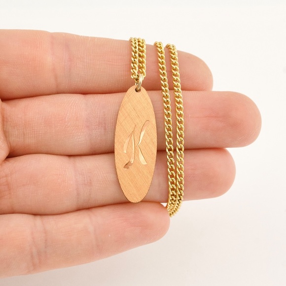 Vintage Letter K Engraved Copper Pendant Necklace Large Oval Gold Plated Chain - Picture 4 of 4